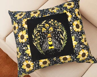 Cojín bordado a mano con abejas, girasoles florales en amarillo y negro, 50 x 50 cm