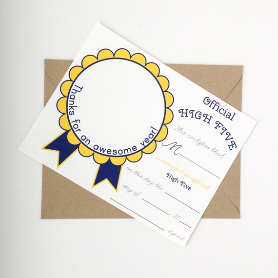 Teacher High Five Award Certificate Thank You Card in Yellow/Blue INSTANT DOWNLOAD Il_570xn