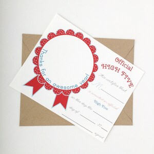 May include: A printable certificate with a red and white polka dot border and a red ribbon. The text reads "Official High Five" and "This certifies that... is awarded an official High Five on this day, the... day of... 20... signed".