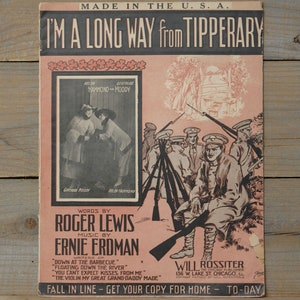 VINTAGE SHEET MUSIC &quot;I&#39;m A Long Way From Tipperary&quot;, published in 1914 by Will Rossiter, &quot;The Chicago Publisher&quot;.