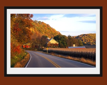 COLORFUL FALL SCENE At Sunset Surrounding A Farm On A Wisconsin Country Road.