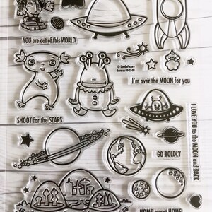 planet stamps, robot stamps, alien stamps, UFO stamps, spaceship stamps, flying saucer stamps, moon stamps, earth stamps, outer space stamps