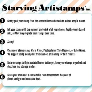 May include: A white rectangular card with instructions for using stamps. The card has a rounded border and is set against a background of diagonal stripes in shades of orange, blue, and white. The text includes numbered steps for stamp usage.