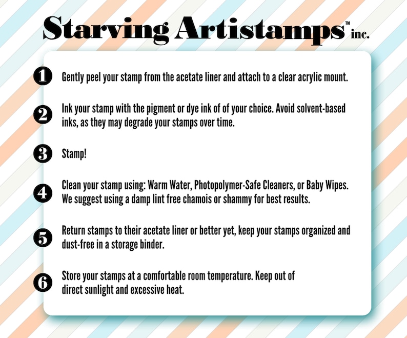 May include: A white rectangular card with instructions for using stamps. The card has a rounded border and is set against a background of diagonal stripes in shades of orange, blue, and white. The text includes numbered steps for stamp usage.