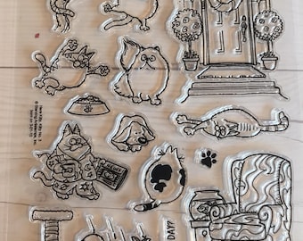 cat stamps, cat stamp set, kitten stamps, cat greeting cards, gift for cat lover, cat furniture, furniture stamps, siamese cat, kitty stamps