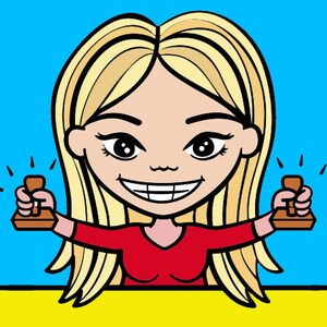May include: Cartoon illustration of a smiling person with blonde hair and a red shirt holding two brown stamps. The background is blue and yellow. The stamps appear to be wooden with a rectangular shape.