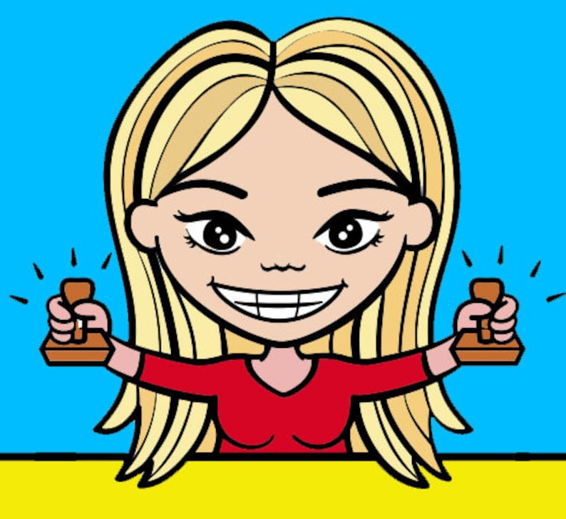 May include: Cartoon illustration of a smiling person with blonde hair and a red shirt holding two brown stamps. The background is blue and yellow. The stamps appear to be wooden with a rectangular shape.