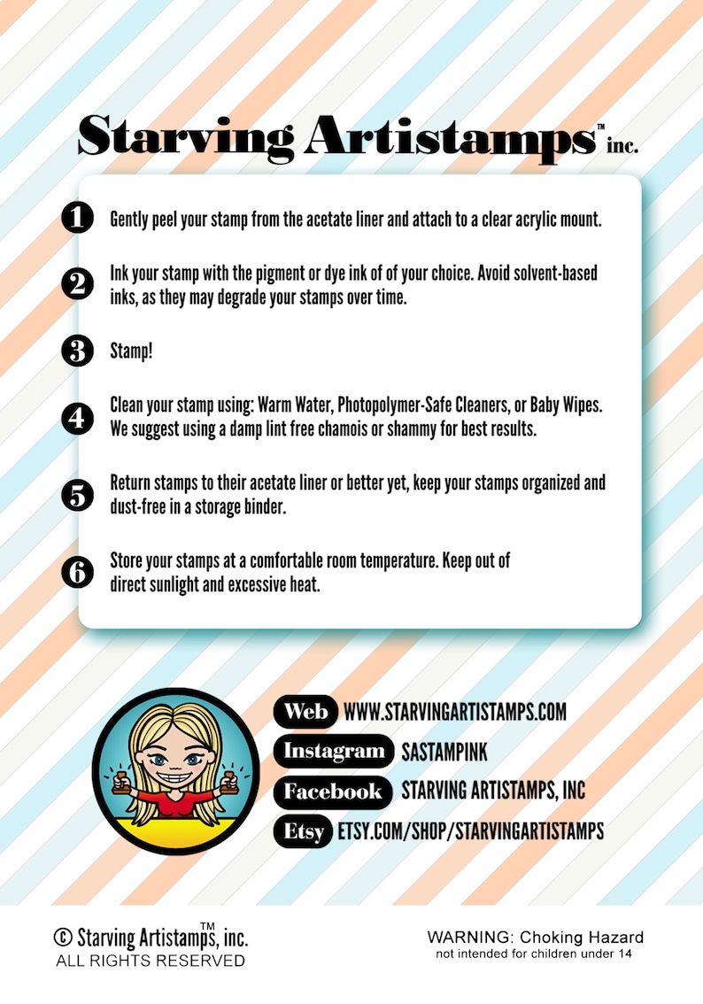 May include: White rectangular card with instructions for using Starving Artistamps stamps. The card has numbered steps, a cartoon logo, and website information. The background has diagonal stripes in orange, blue, and white.