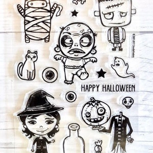 Halloween stamps, halloween stamp set, zombie stamps, witch stamps, moon stamps, ghost stamps, frankenstein stamps, cats, halloween planner