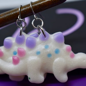 Dinosaur earrings, dangle earrings, pink white blue, Purple, STatement earrings