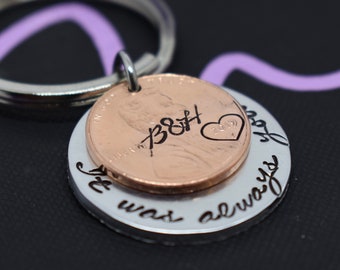 Anniversary Gift Idea - Personalized Couples KeyChain - Penny KeyChain - Hand Stamped Keychain, it was always you Gift for Him