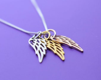 Guardian angel necklace, Protection jewelry, faith religion, angel wing, 3 wings, gold, rose gold, sterling silver, tiny jewelry