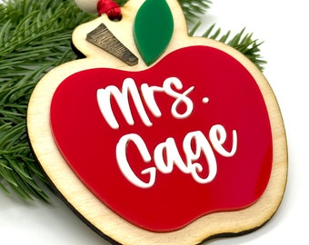 Personalized Teacher Ornament, Gift for Teacher custom Christmas apple ornament name, end of year gift