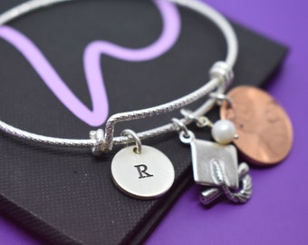 Graduation Gift for daughter, Sterling Silver Graduation Bracelet, Personalized Graduation Cap, Penny, Lucky penny jewelry, Custom name