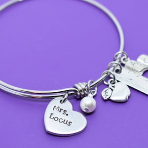 Teacher Appreciation Apple Bracelet Personalized Teacher Apple Jewelry Teacher Bangle Bracelet Best English Teacher Gift Apple Charm image 1