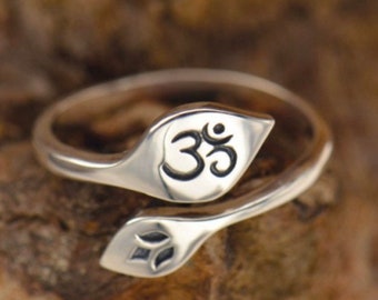 Lotus and ohm ring, flower, statement, graduation gift, for her Ohm jewelry, boho, hippie, sterling silver