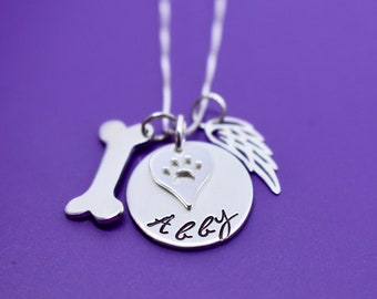 Pet Memorial Jewelry - Dog loss Necklace - Pet Loss sympathy Gift, sterling silver dog bone, angel wing