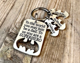 Personalized Fathers day gift, superhero dad keychain best dad ever superhero gift for dad, Kids names personalized bats pewter hand cast