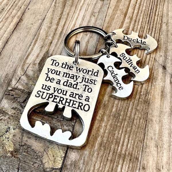 Personalized Fathers day gift, superhero dad keychain best dad ever superhero gift for dad, Kids names personalized bats pewter hand cast