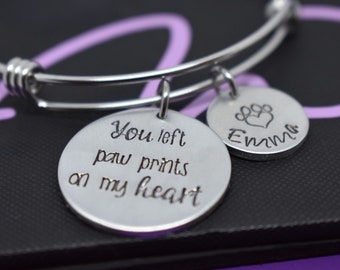 Personalized Pet Memorial Jewelry, Dog bracelet cat Loss Gift, you left paw prints on my heart In Memory, bangle