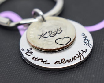 Anniversary Gift for Men, Valentines, 10 year Anniversary, Couples, Personalized Keychain 2009 dime Wedding Gift