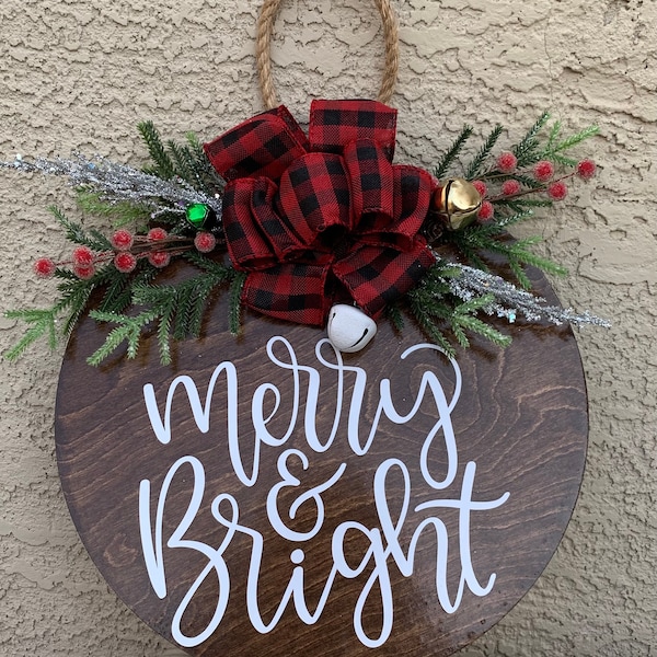 Christmas Front Door hanger, welcome sign, winter  Wooden Wreath, Front porch decor Housewarming Gift, Home , 12 inch Wood Round Sign