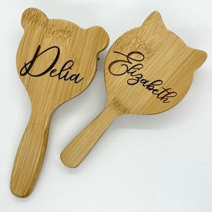 Personalized hairbrush, bamboo wood bear or kitty ears brush, gift for daughter, custom travel brush small
