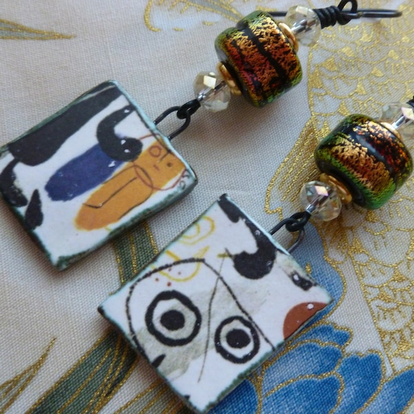 Miró Inspired Art Earrings, Here Comes The Sun, Quirky Boho Jewelry, OOAK Handmade Gift, Josephinebeads, InspireGlassStudio, Northernblooms