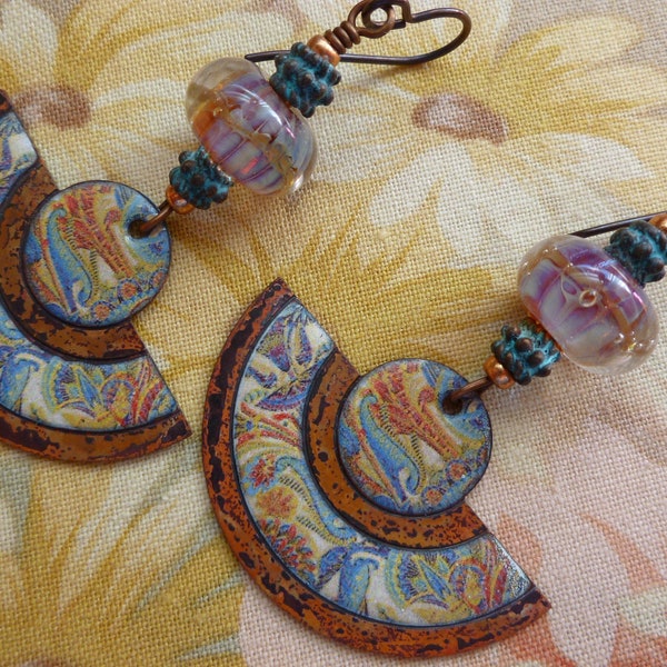 Paisley Pendants, Fan-Shaped Enamelled Copper Earrings, Vintage Vibe, Unique Artisan Made, TendancePerles, Elasia, Northernblooms