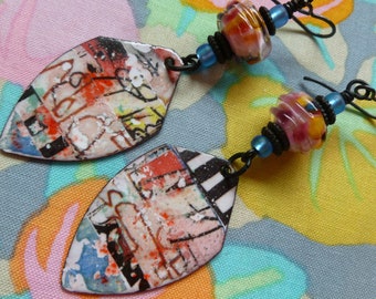 Art For The Ears, Enameled Copper Earrings, Colorful Mismatched Abstract Design, OOAK Handmade Artistic Gift, JosephineBeads, Northernblooms