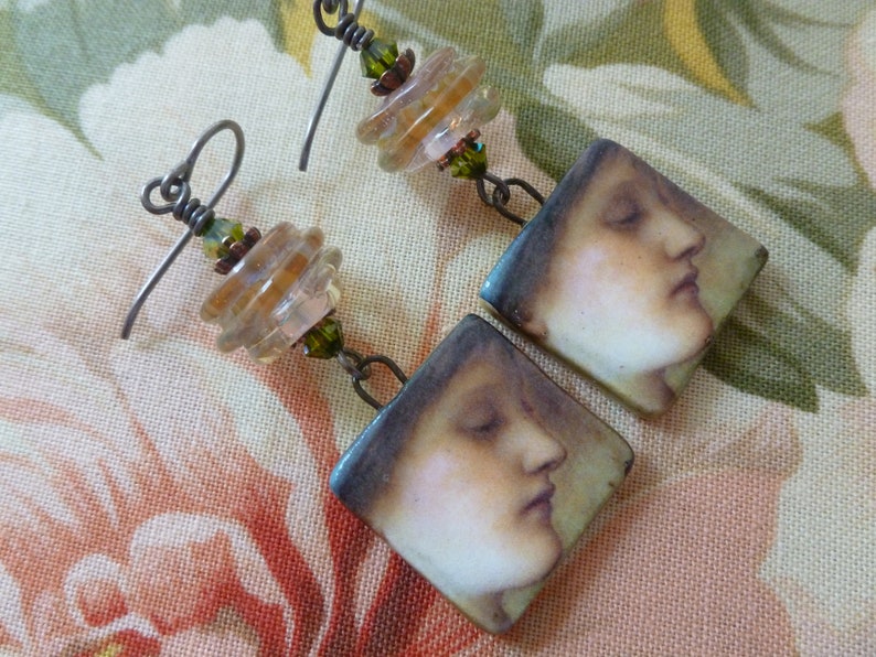 Kangooroobijoo Edward Burne-Jones Art To Wear Northernblooms silverfishdesigns Unique Artisan Made Pre-Raphaelite Portrait Earrings