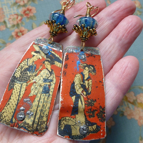 Graceful Geisha Earrings, Riveted Recycled Tin Jewelry, Mismatched OOAK Handmade, Long But Light, Josephinebeads, Elasia, Northernblooms