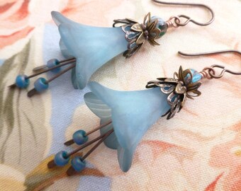 Blue Flower Earrings, Denim-Blue Floral Jewelry, Lucite Light To Wear, Shabby Chic Gift, One Of A Kind Artisan Made, Northernblooms