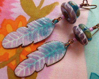 Flight Of Fancy Feather Earrings, Enamelled Copper Jewelry, Turquoise And Lilac, Feather Charms, blueroan, Quinlanglass, Northernblooms