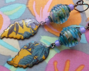 Srping Leaves, Boho Enamelled Copper Earrings, Organic Nature Dangles,Blue Green,  OOAK Gift For Her, annabeads, bluhealer, Northernblooms