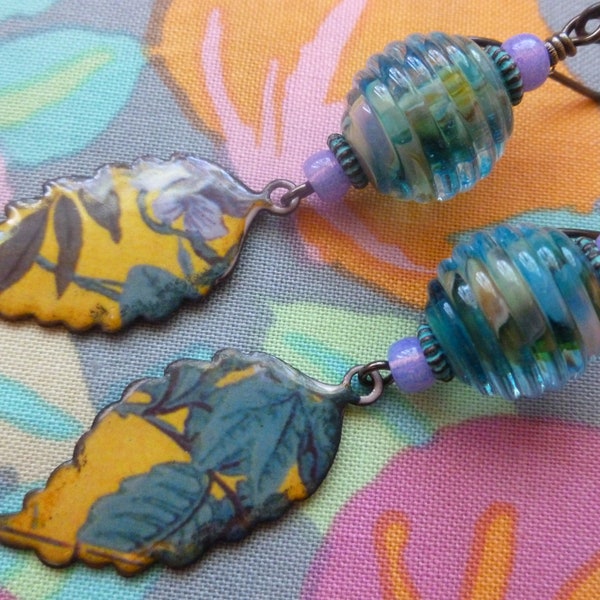 Srping Leaves, Boho Enamelled Copper Earrings, Organic Nature Dangles,Blue Green,  OOAK Gift For Her, annabeads, bluhealer, Northernblooms