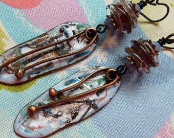 Spring Melt, Boho Rustic Earrings, OOAK Enameled Copper Dangles, OOAK Handmade Gift, Josephinebeads, silverfishdesigns, Northernblooms