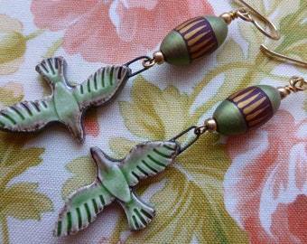 Love At First Flight, Green Bird Charm Earrings, Love Birds, Romantic Gift For Her, LindsayDrakeBeads, mysticpeasantbeads, Northernblooms