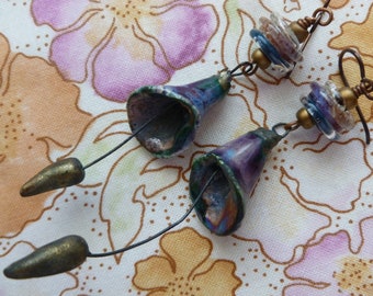 Calla Lily Dangles, Boho Rustic Ceramic Earrings, Flower Charms, Purple Bell Flower, OOAK handmade, silverfishdesigns, Northernblooms