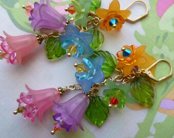 Spring And Summer Earrings, Lightweight Lucite Flower Jewelry, Colorful Shabby Chic Long Dangles, OOAK Graduation Gift, Northernblooms