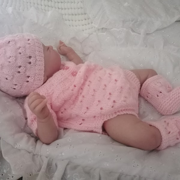 19-21” inch Reborn Doll/ 0-3 month babies romper, hat and socks - newborn - dungarees - knitted outfit - baby girl (doll not included)