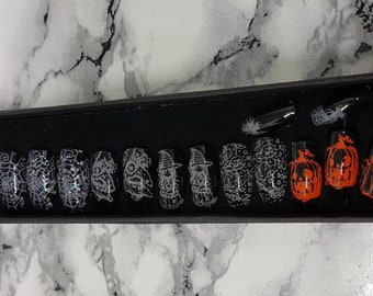 Halloween style press on nails, short coffin, hand painted and stamped