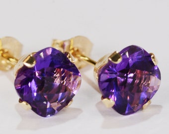 Amethyst 6mm Cushion Earrings~14KT Yellow Gold Setting~Genuine Natural Mined Gemstones