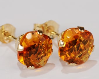 Citrine Earrings~14KT Yellow Gold Setting~6mm Cushion~Genuine Natural