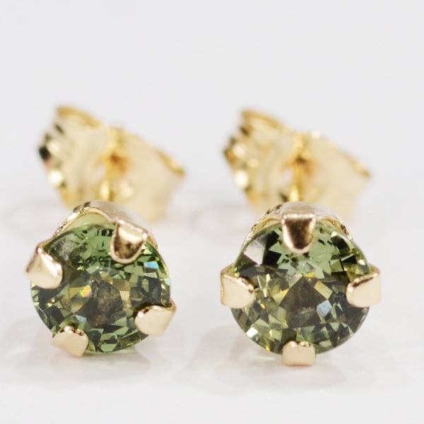 Green Sapphire Earrings~14 KT Yellow Gold Setting~4mm Round~Genuine Natural Mined