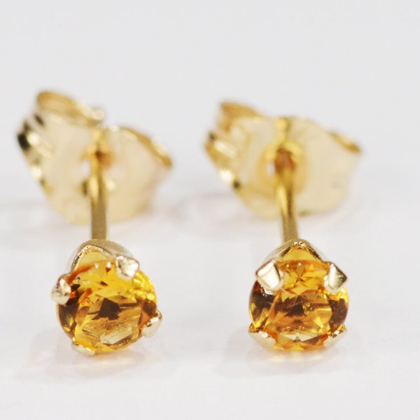 Amber Citrine Earrings~14 KT Yellow Gold~3mm Round Cut~Genuine Natural Mined