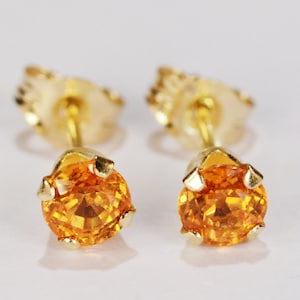 Mandarin Garnet Earrings~14 KT Yellow Gold Setting~4mm Round~Genuine Natural Mined