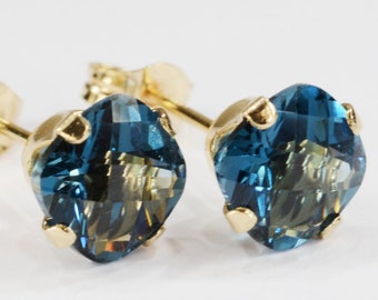 Blue Topaz Earrings~14KT Gold Setting~6mm Cushion Cut~Genuine Natural Mined