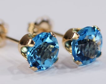 Swiss Blue Topaz Earrings~14KT Yellow Gold 4 Prong Setting~6mm Round~Genuine Natural