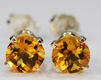 Oorbellen citrien ~Amber~,925 sterlingzilver zetting~6 mm rond~Echt natuurlijk gedolven